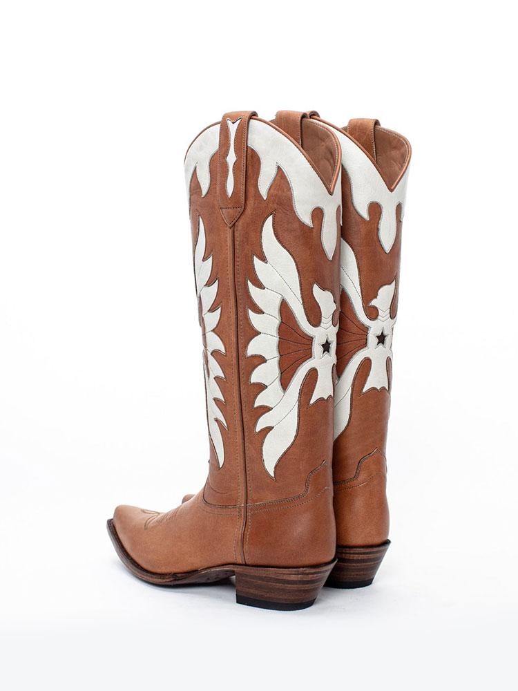 Brown Eagle Inlay Wide Mid Calf Western Boots With Pointed Toe