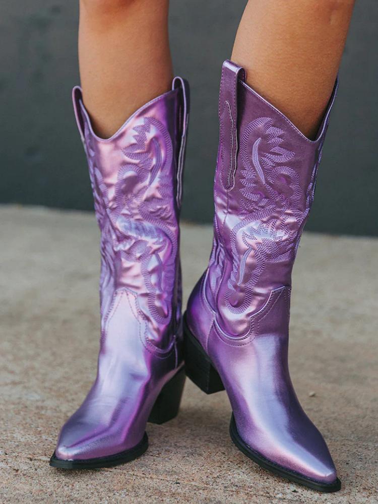 Metallic Embroidered Snip Toe Chunky Heeled Wide Mid Calf Boots Western Cowgirl Boots