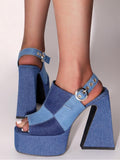 Splice Blue Denim Square-toe Chunky High Heel Fashion Platform Sandals With Buckle Adjustable-strap