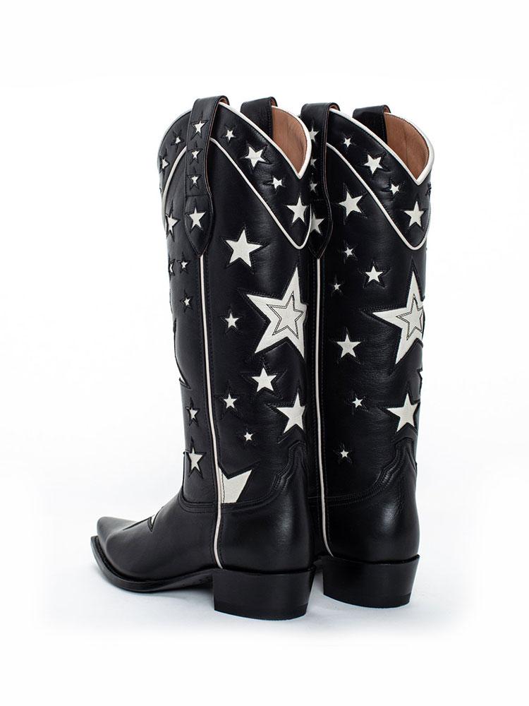 Black Star Inlay Wide Mid Calf Boots Snip Toe Chunky Heeled Western Cowgirl Boots