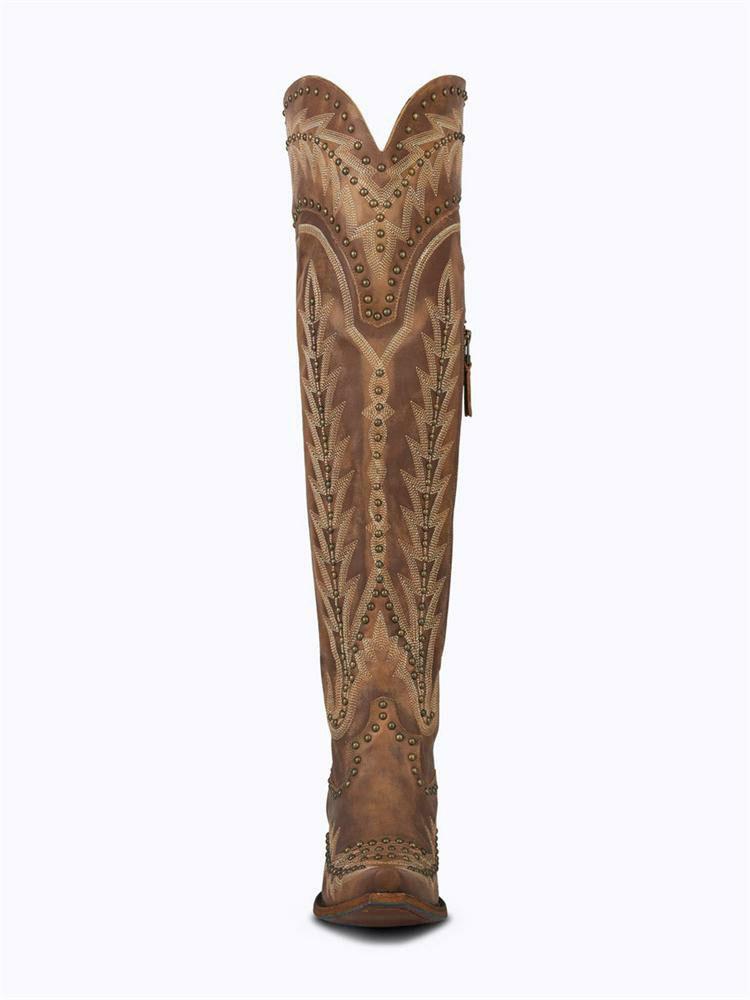 Bronze Grass Embroidered & Studded Zip Lace-Up Snip Toe Knee-High Western Boots