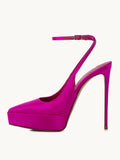 Hot Pink Silk Pointy Platform Stiletto Heeled Pumps With Slingback Ankle Strap