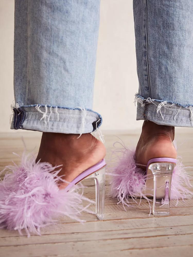 Fluffy Feather Round Toe Backless Slip-On Clear Heeled Sandals In Black Lilac Nude