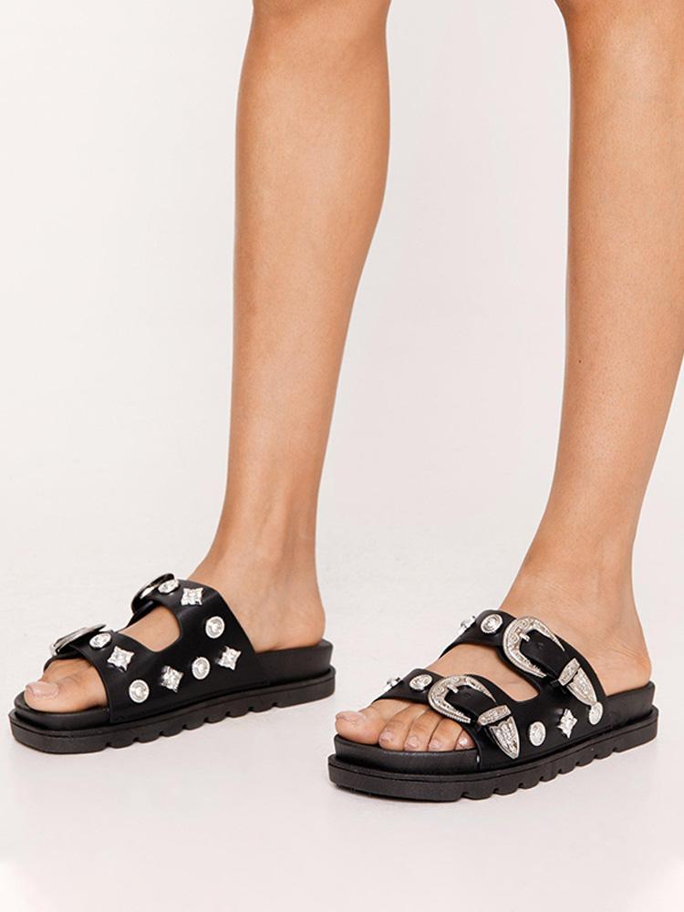 Black Vegan Leather Studded Double Buckle Open-toe Slip-on Flat Sandals With Two Bands