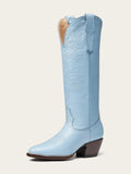 Blue Embroidered Wide Calf Knee High Boots Round Toe Western Heeled Boots