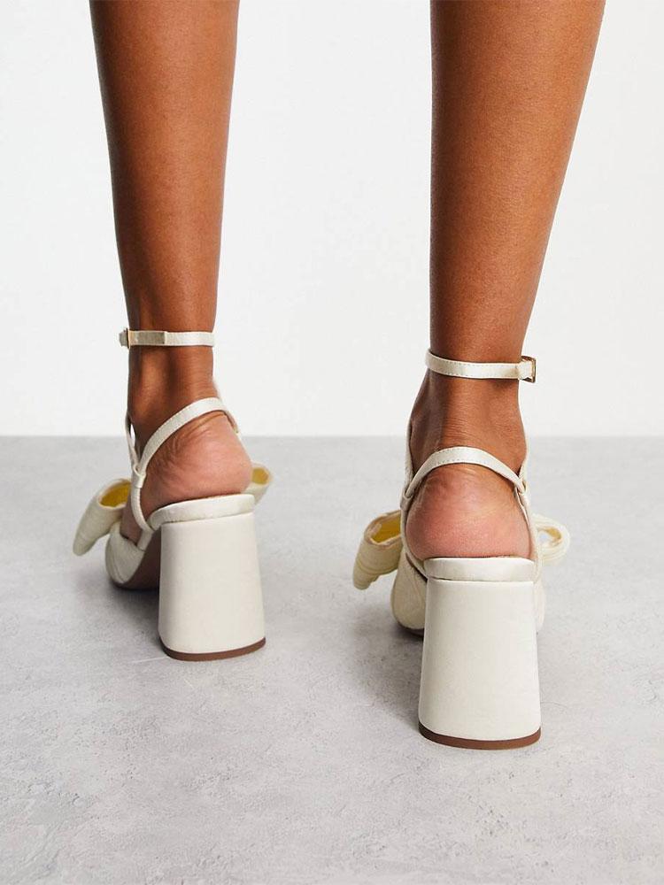 Metallic Pleated Bow Square Toe Chunky Heeled Sandals With Buckle Ankle Wrap Strap