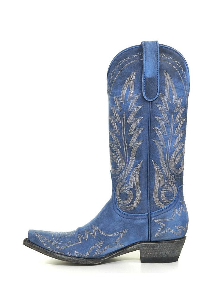 Azul Embroidered Snip-toe Slip-on Mid-Calf Western Cowgirl Boots