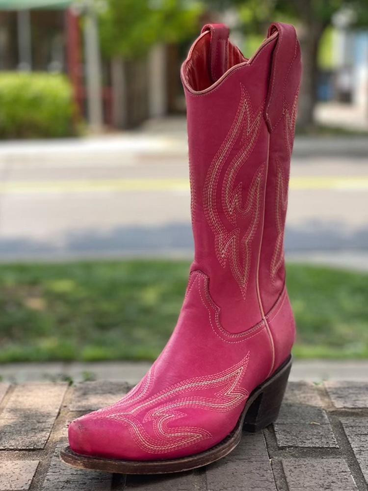 Hot Pink Embroidered Wide Mid Calf Boots Snip Toe Chunky Heeled Western Boots