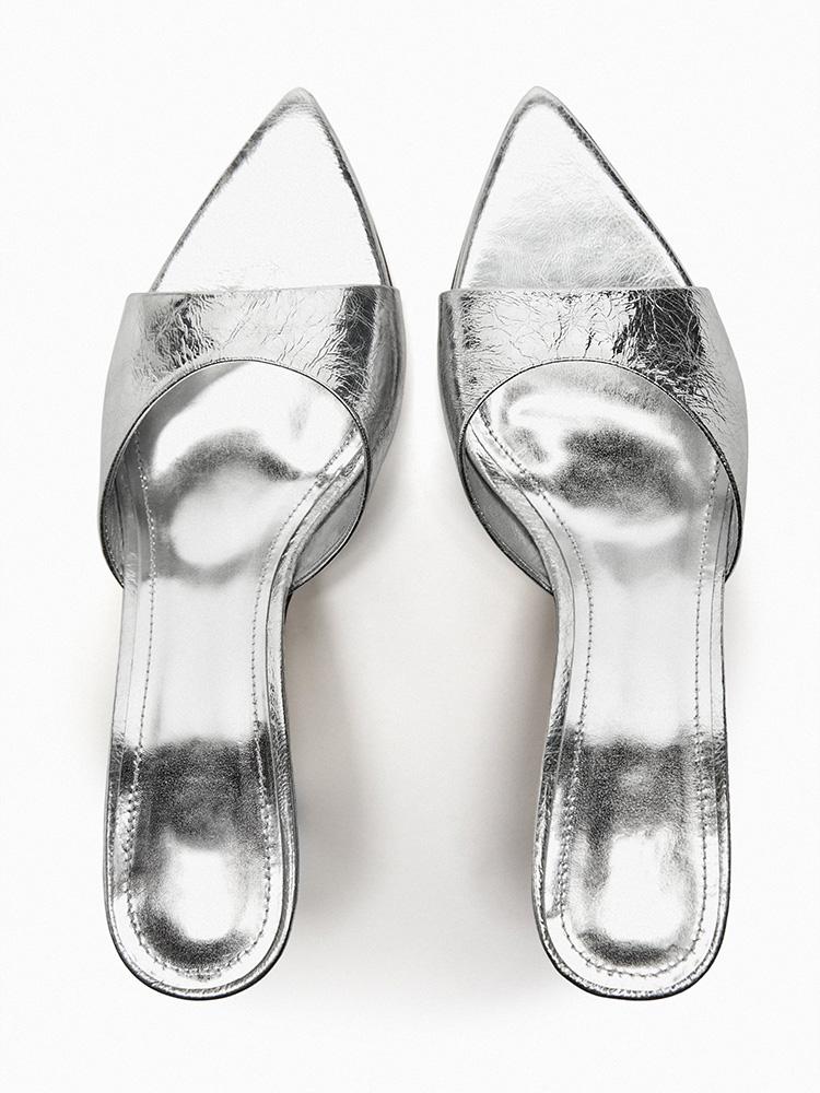 Metallic Silver Single Band Backless Slip-On Pointy Kitten Heeled Sandals