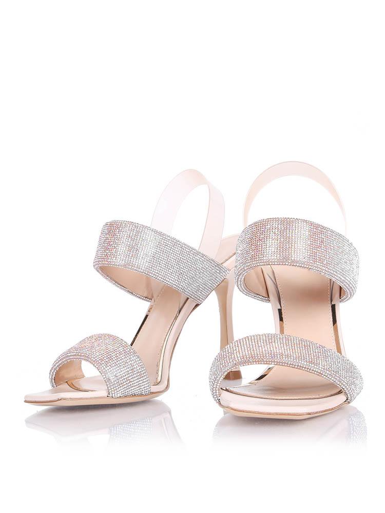 Iridescent Sparkly Rhinestone Square Flared Heeled Sandals Slingbacks With Clear Back Strap