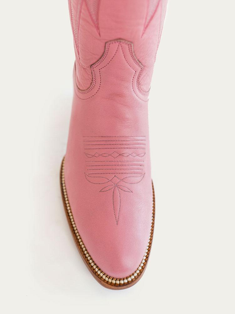 Pink Inlay Lightning Stitch Knee High Boots Slip-On Round Cowgirl Heeled Boots