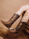 Brown Distress Floral Embroidered Stud Square Wide Calf Tall Cowgirl Retro Boots For Wide Fit