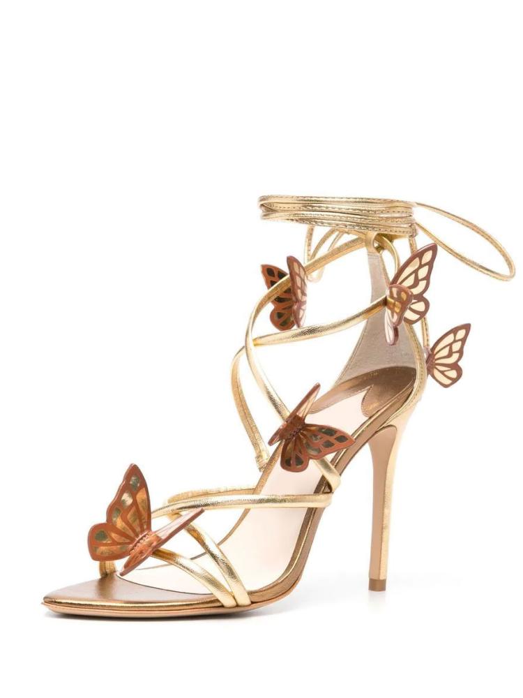 Butterfly Gold Metallic Bright Lace-Up Stiletto-Heel Pointed-Toe Sandals