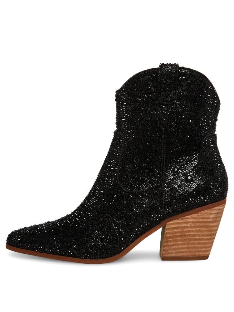 Black Rhinestone Cowgirl Ankle Boots Block Heeled Western Booties