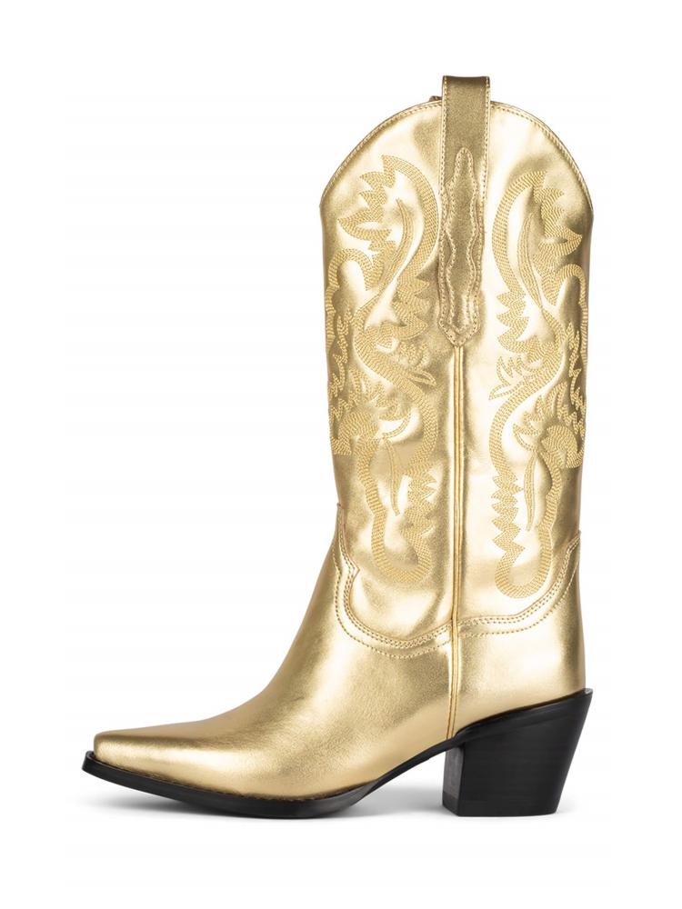 Classic Metallic Bright Embroidered Slip-On Mid Calf Pointed-Toe Chunky Heel Western Chelsea Boots