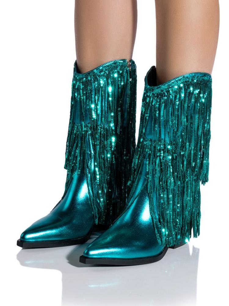 Metallic Sequin Fringed Zipper Pointy Chunky Heeled Western Cowgirl Ankle Boots