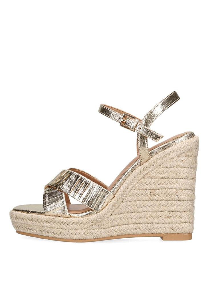 Metallic Gold Cross Bands Open-toe Espadrille Wedge Sandals With Buckle Ankle Strap