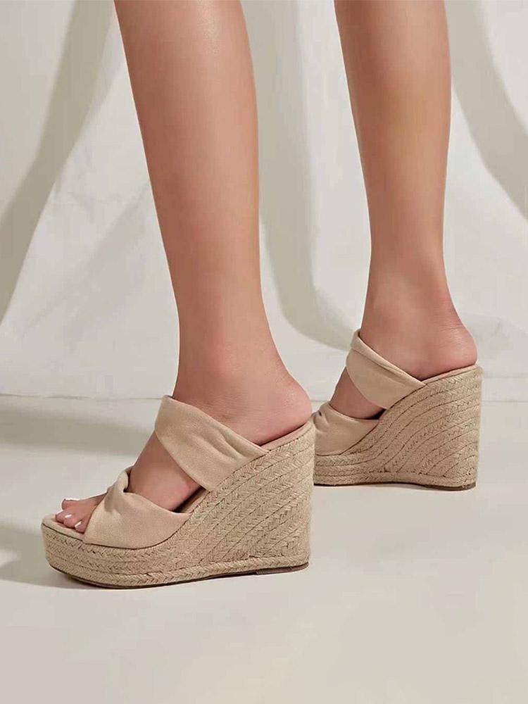 Cloth Two Bands Open-toe Slip-on Espadrille Wedge Sandals