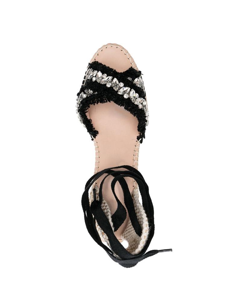 Black Coss Bands With Rhinestones Open-toe Espadrille Wedge Sandals With Self-tie