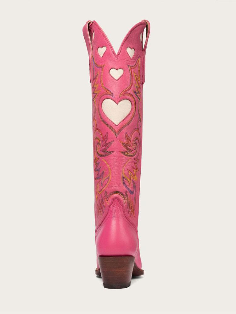 Pink Embroidered Inlay Heart Wide Calf Knee High Boots Round Toe Heeled Western Boots