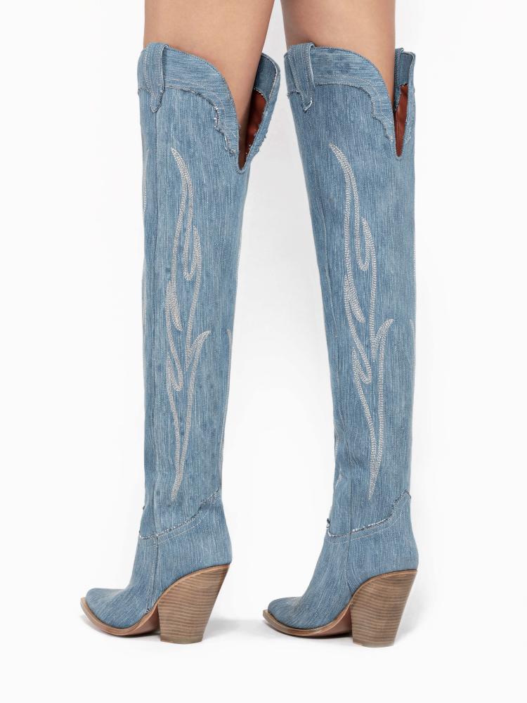 Denim Embroidered Chunky Heel Zipper Western Over-The-Knee Boots