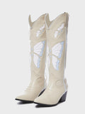 Contrast Butterfly Wing Inlay Stitch Pointed Toe Wide Mid Calf Cowgirl Tall Boots