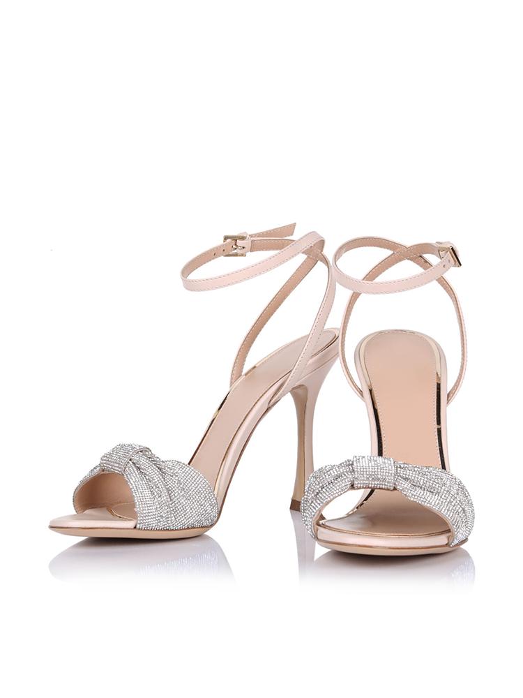 Sparkly Rhinestone Bow Round Flared Heeled Sandals With Buckle Ankle Strap
