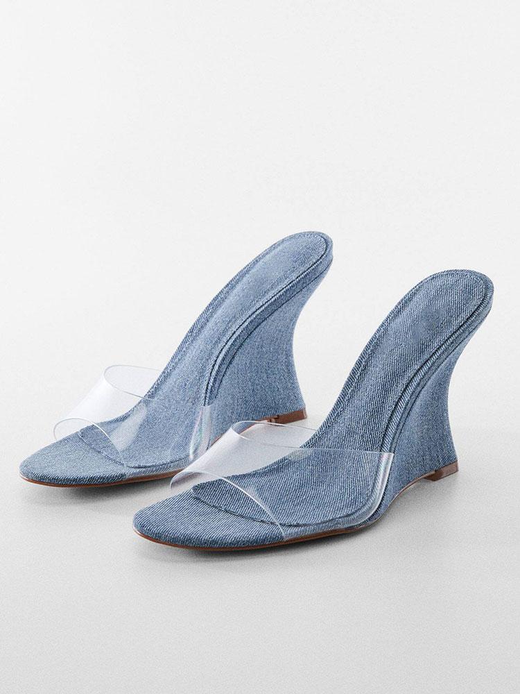 Denim Blue Clear Round Toe Wedge Heeled Backless Slip-On Sandals