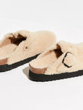 Buckle Fluffy Flat Mules Faux Shearling Open-Back Comfy Cork Clogs