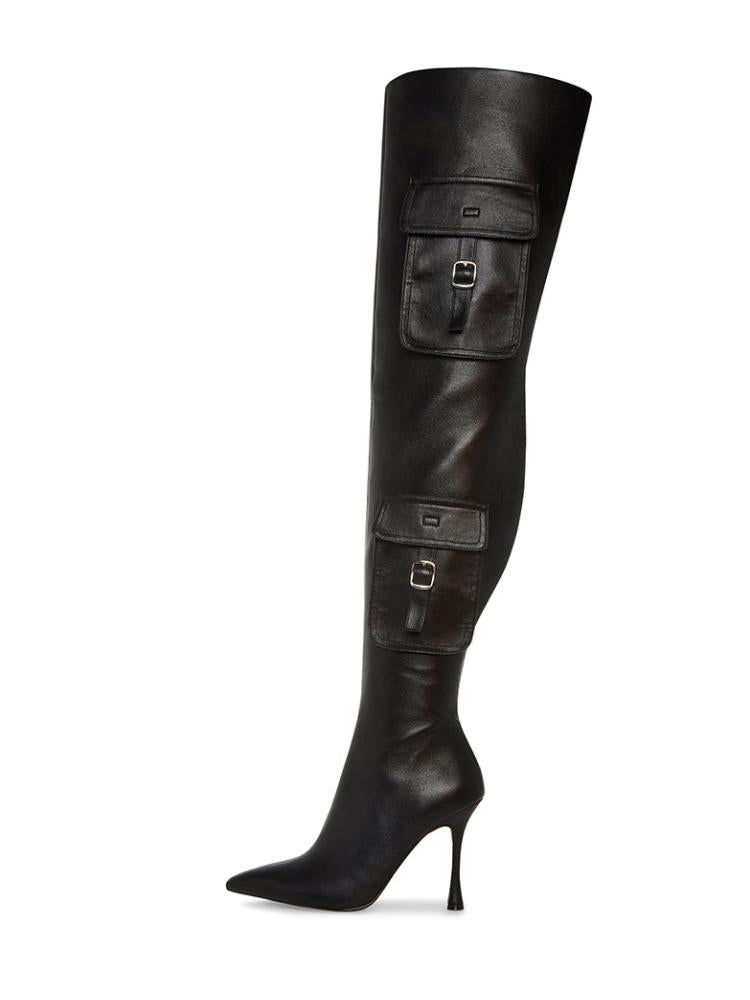 Denim Pocket Zip Pointed Toe Flared High Heel Over The Knee Thigh High Boots