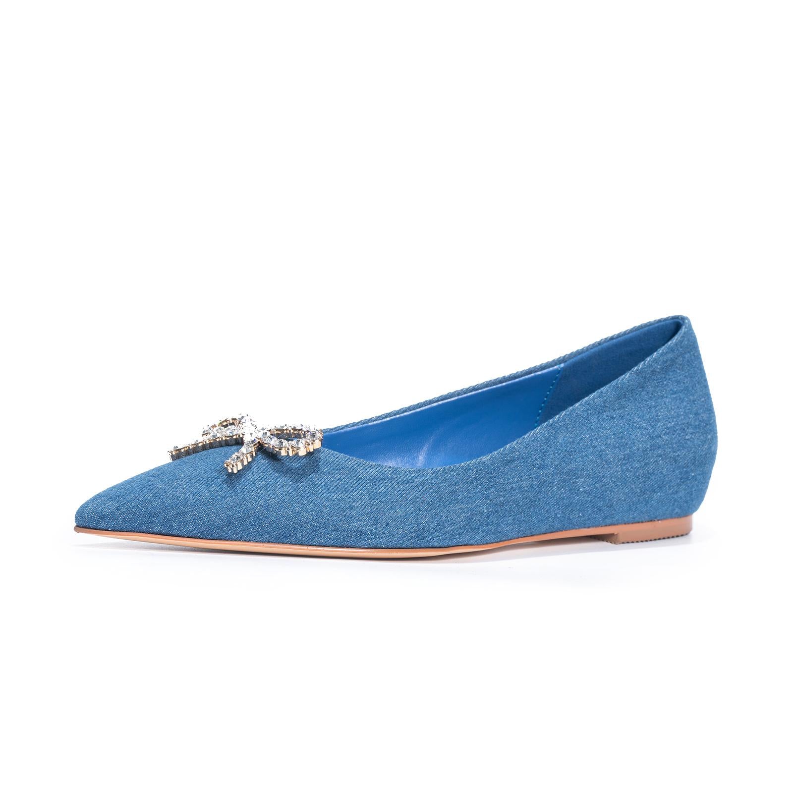 Blue Denim Rhinestone Bow Pointed Ballet Flats For Women