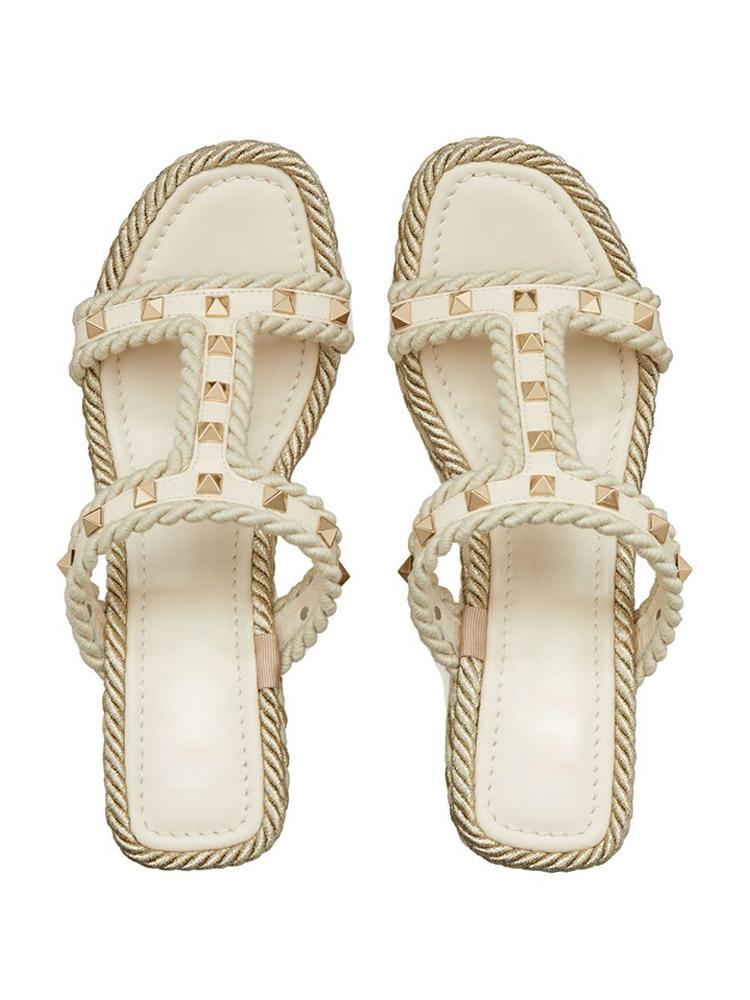 Ivory White H-Band With Rockstuds Open-toe Slip-on Espadrille Wedge Sandals