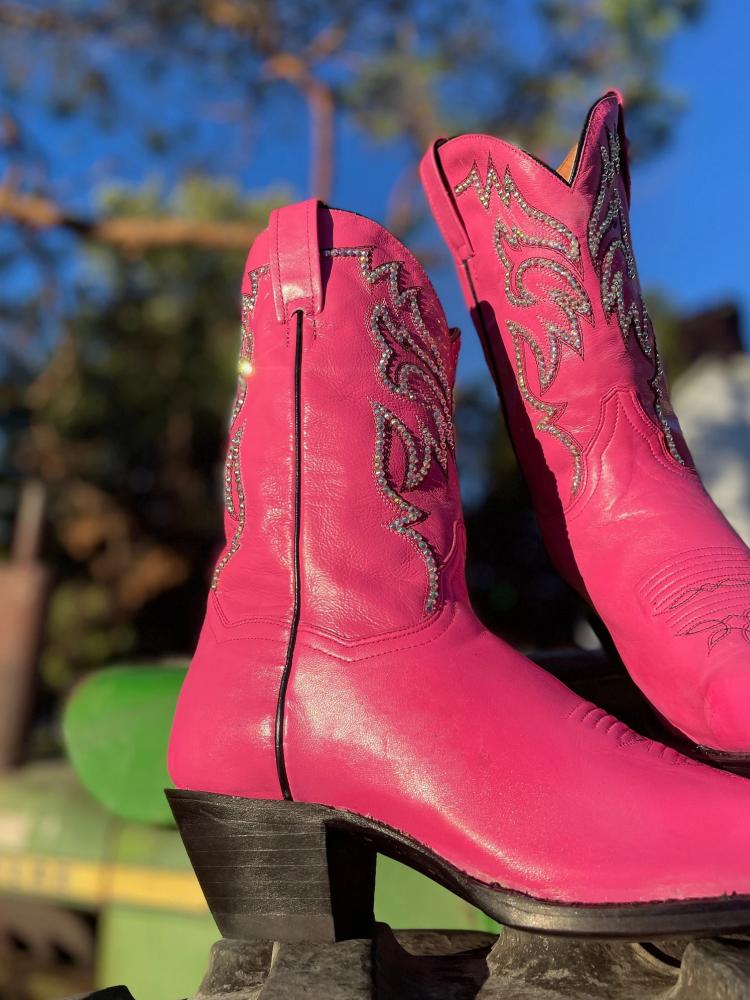 Pink Rhinestone Snip Toe Slanted Heel Cowgirl Mid Calf Boots