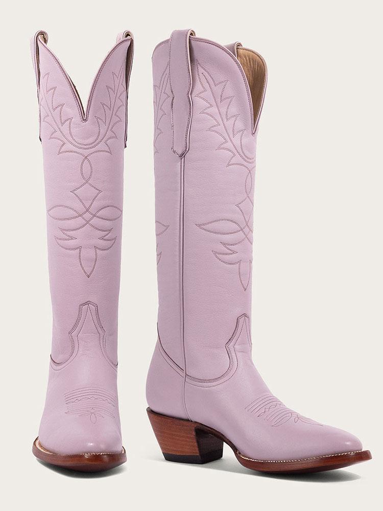 Lilac Purple Embroidered Wide Calf Knee High Boots Round Toe Western Heeled Boots