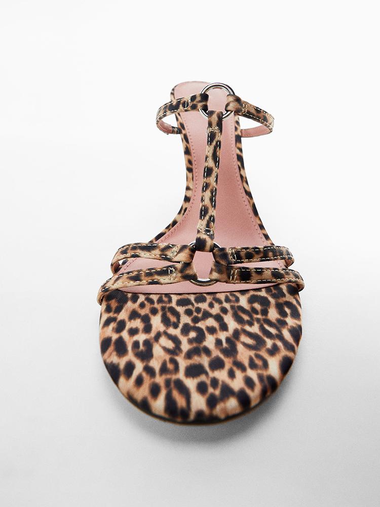 Leopard Print T-Strap Ring Backless Slip-On Round Flared Heeled Sandals