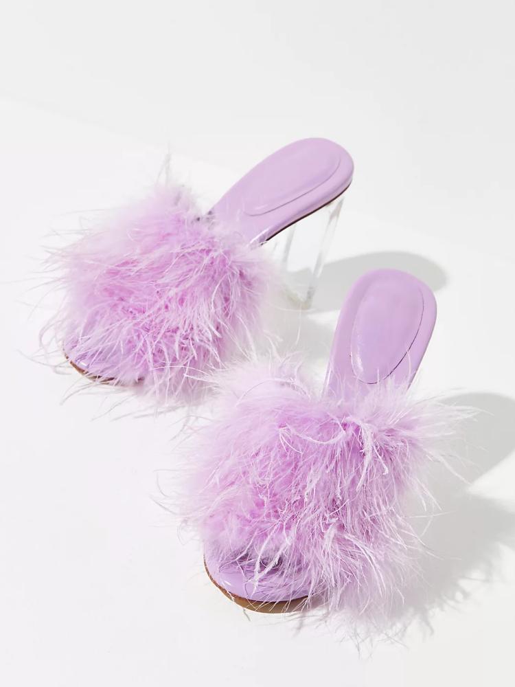 Fluffy Feather Round Toe Backless Slip-On Clear Heeled Sandals In Black Lilac Nude