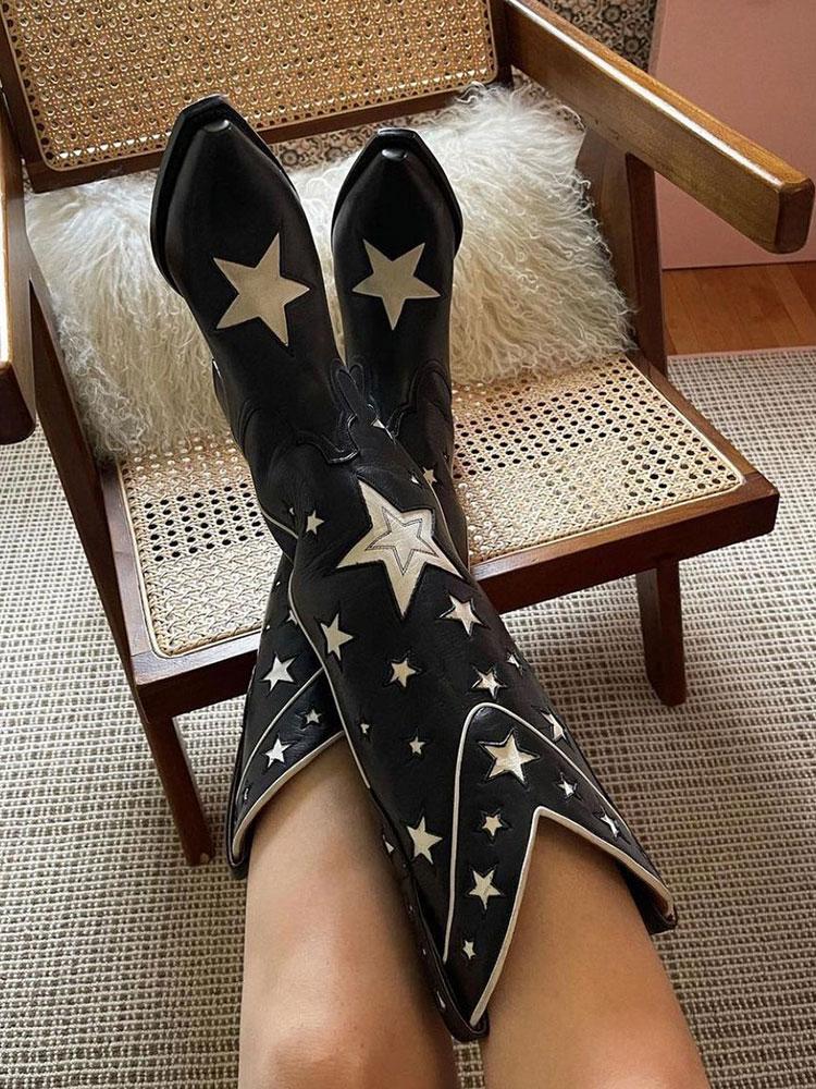 Black Star Inlay Wide Mid Calf Boots Snip Toe Chunky Heeled Western Cowgirl Boots