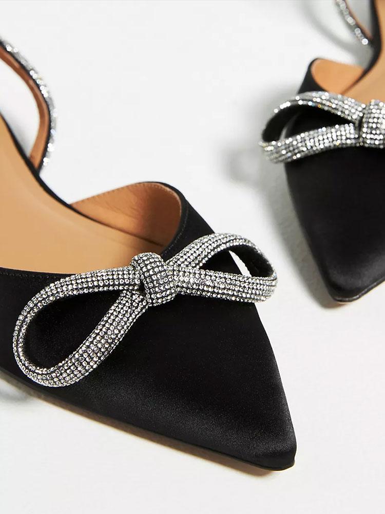 Satin Rhinestone Bow Pointy Buckled Ankle Strap Flats