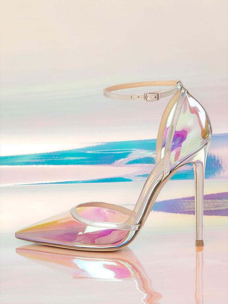 Clear Iridescent Buckle Ankle Strap Pointy Stiletto Pumps