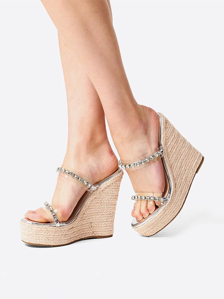 Clear Two Bands With Rhinestones Open-toe Slip-on Espadrille Wedge Sandals