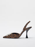 Fashion Rhinestone Embellished Leopard Slingback Flared-Heeled Pointed-Toe Pumps