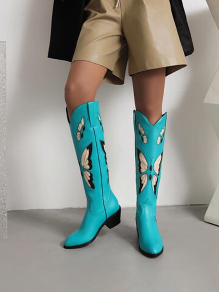 Butterfly Embroidery Pointed-toe Chunky Heels Wide Slip-on Knee High Cowgirl Boots