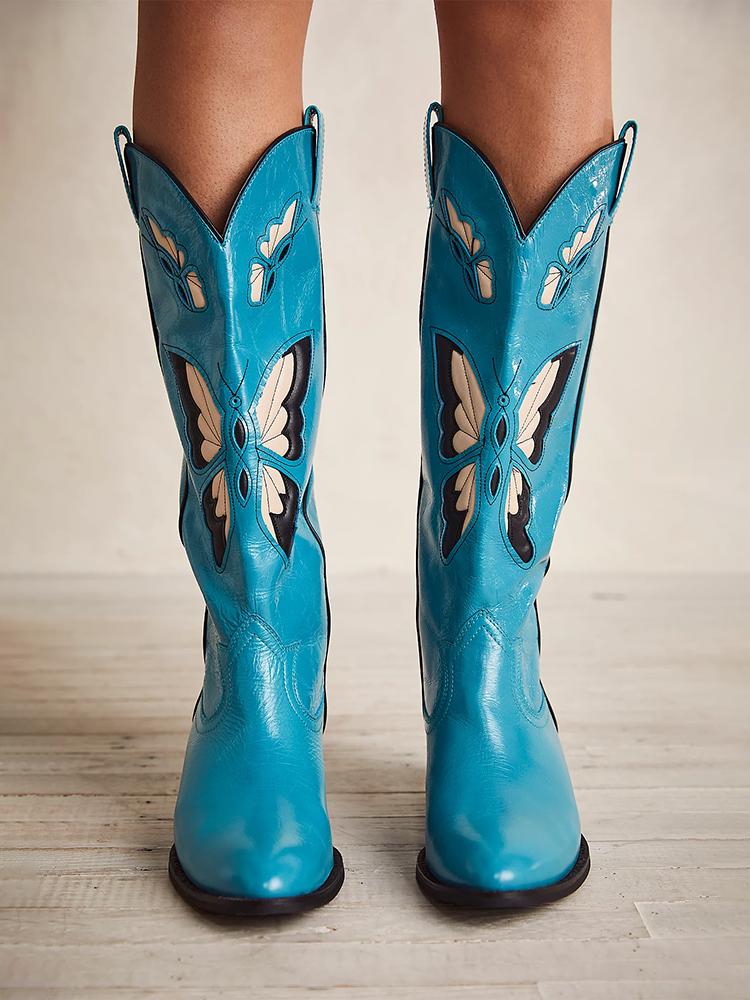 Butterfly Inlay Stitch Pointy Wide Mid Calf Cowgirl Boots - Blue & Tan