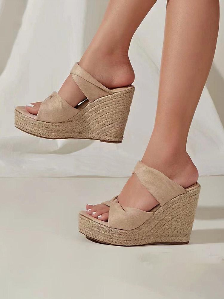 Cloth Two Bands Open-toe Slip-on Espadrille Wedge Sandals