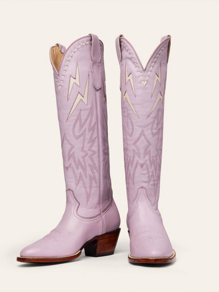 Lilac Purple Inlay Lightning Stitch Knee High Boots Slip-On Round Cowgirl Heeled Boots