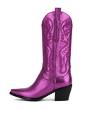 Classic Metallic Bright Embroidered Slip-On Mid Calf Pointed-Toe Chunky Heel Western Chelsea Boots