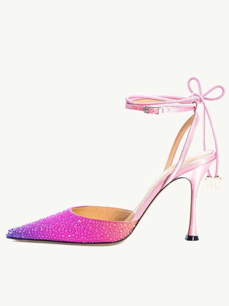 Ombre Pink Rhinestone Tie-Up Pumps With Pointed Toe Flared Heel Ankle Strap