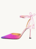 Ombre Pink Rhinestone Tie-Up Pumps With Pointed Toe Flared Heel Ankle Strap