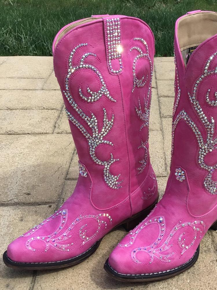 Pink Embroidered Crystal Rhinestone Square Toe Mid Heel Western Mid Calf Boots