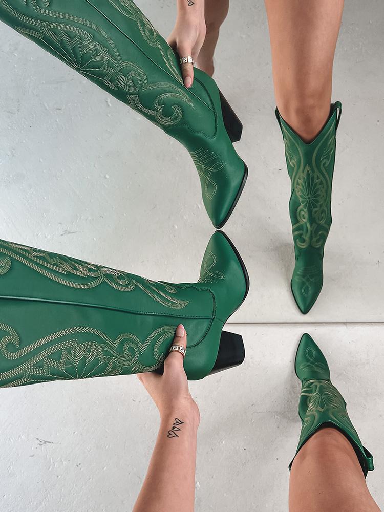 Green Vegan Leather Embroidered Pointed-toe Chunky Heel Wide Slip-on Western Boots For Women